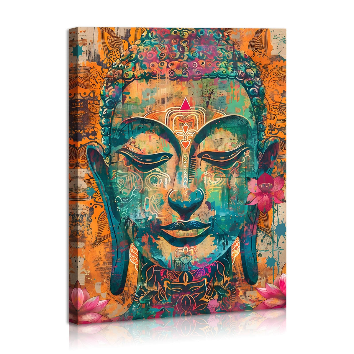 Buddha Wall Art Decor Small Laughing Painting with Lotus and Gold Leaf Buddha Pictures for Living Room Zen Wall Decor Meditation Room Religious Bedroom Yoga Home Decorations Framed 12X16inches (16"L x 12"W / Buddha)