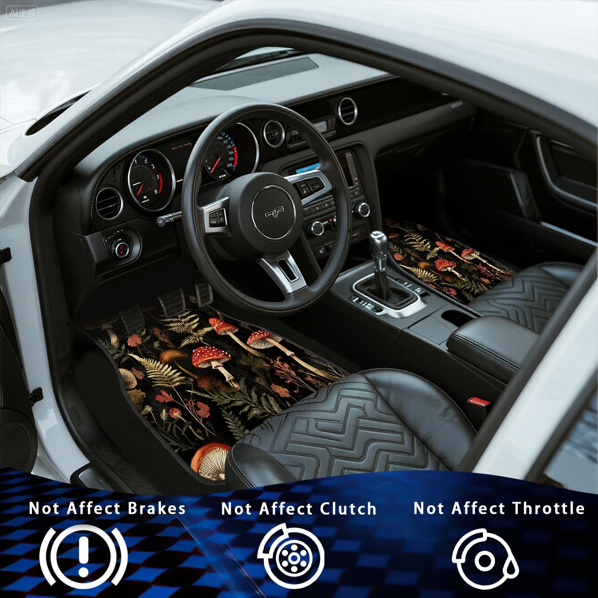 Mushroom Car Floor Mats Set of 4 Fern Dark Vintage Gothic Watercolor Carpet Front Rear Carpets Mat Non (26.8"L x 17.3"W x 0.4"Th / Mushroom)
