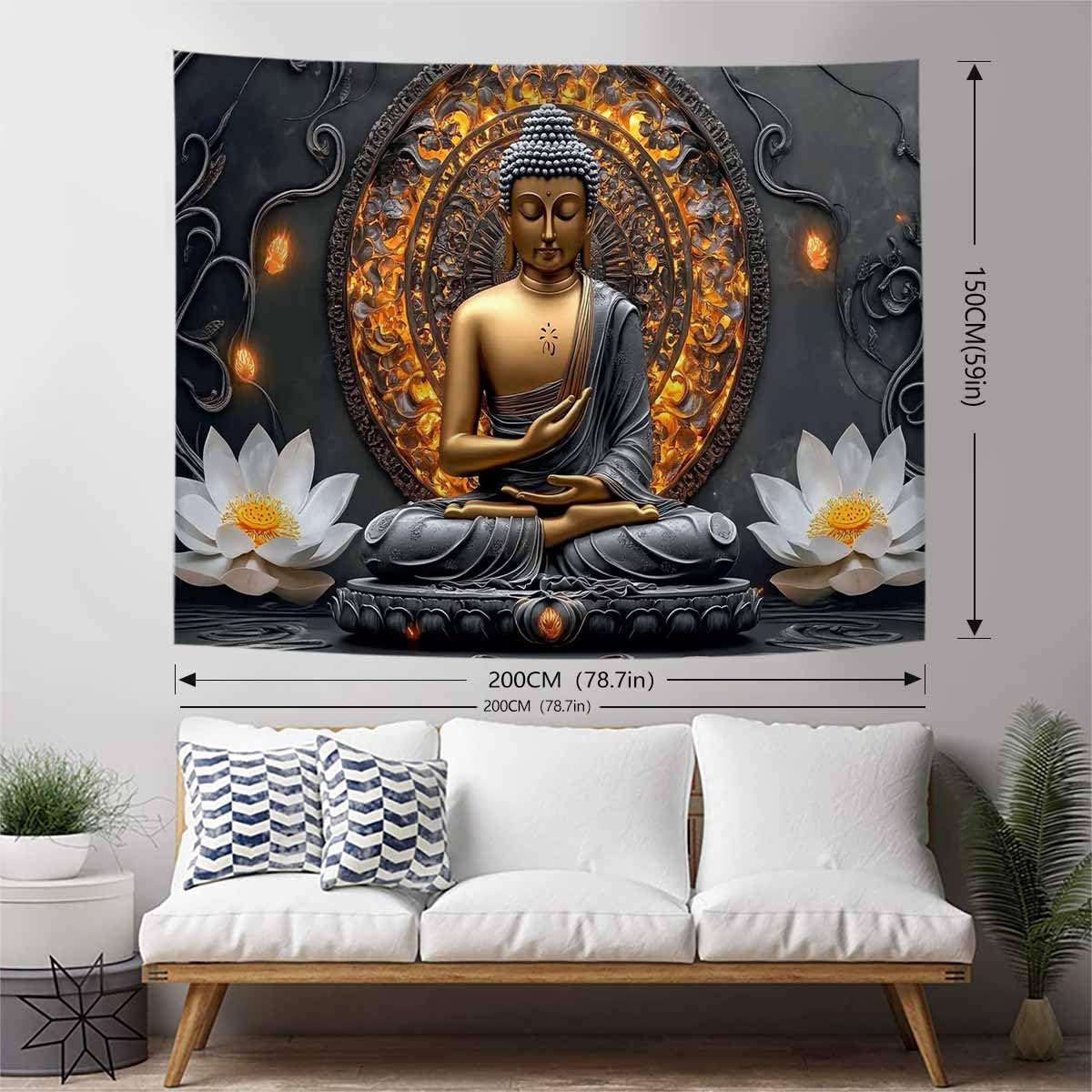 Sitting Golden Buddha Tapestry Wall Hanging Buddhist Statue Tapestries White Lotus Meditation Wall Decor Zen Art Psychedelic Indian Wall Blanket for Bedroom Living Room Home Decor (Grey / 79"L x 59"W)