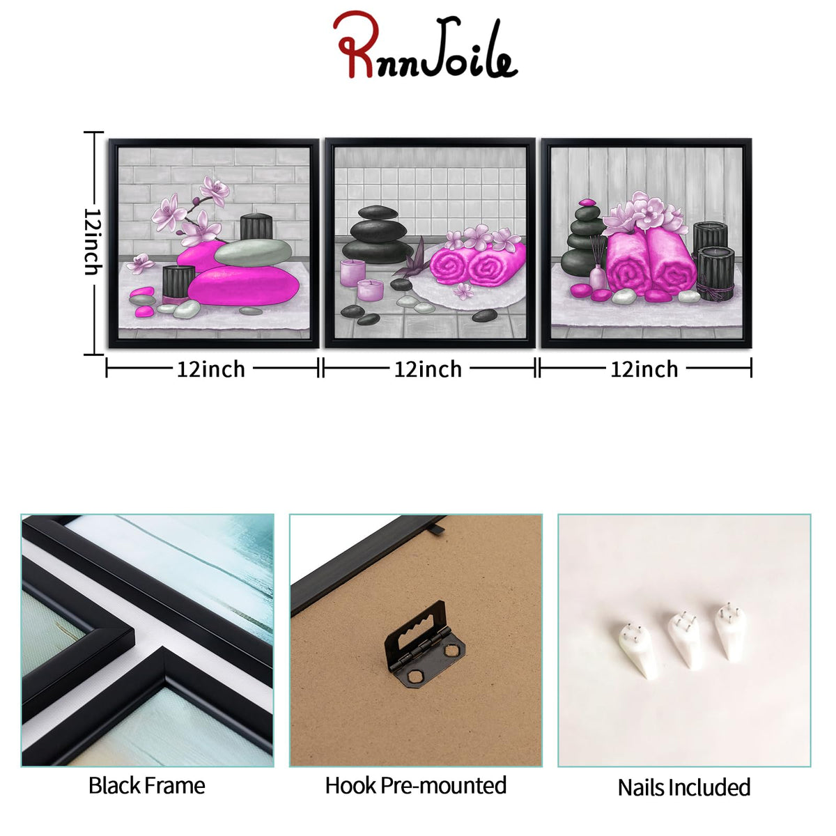 Zen Wall Art Decor Pink Bathroom Pictures Painting with Black Frames 12"x12" for Each (Hot Pink)