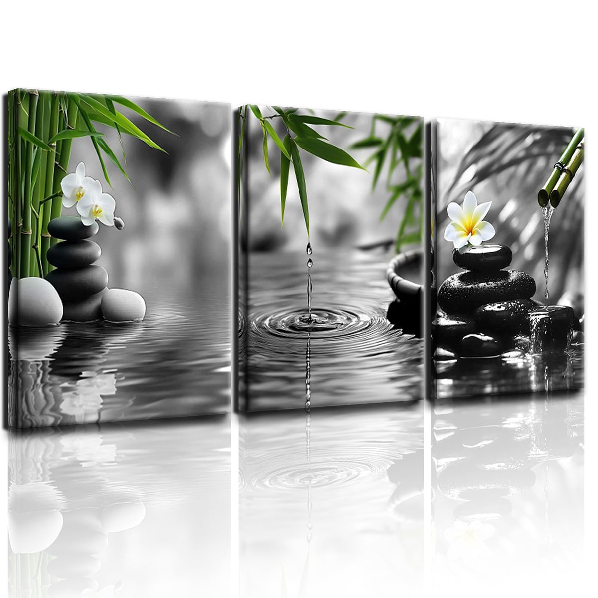 Bathroom Zen wall art Black and White Green Decor Gray Canvas Pictures Zen Poster Prints Buddha Artwork for Spa Bedroom Wall Art Kitchen Office Home Living Room Decor Framed (BAgrayZ3 / 12"x16"inches x 3 pcs)