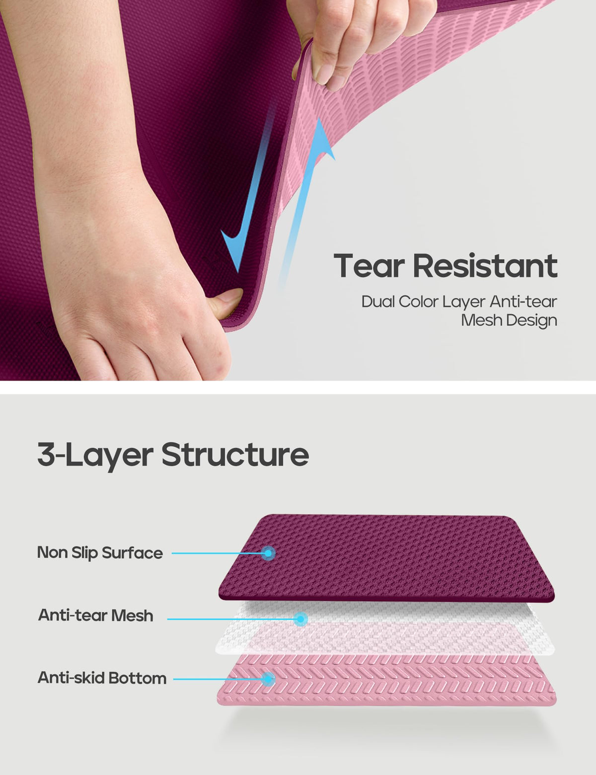 Yoga Mat Non Slip TPE Pilates Exercise Mats for Home Workout Gym Fitness Eco Friendly Thick Hot Yoga Mat with Strap Body Alignment (Deep Purple)
