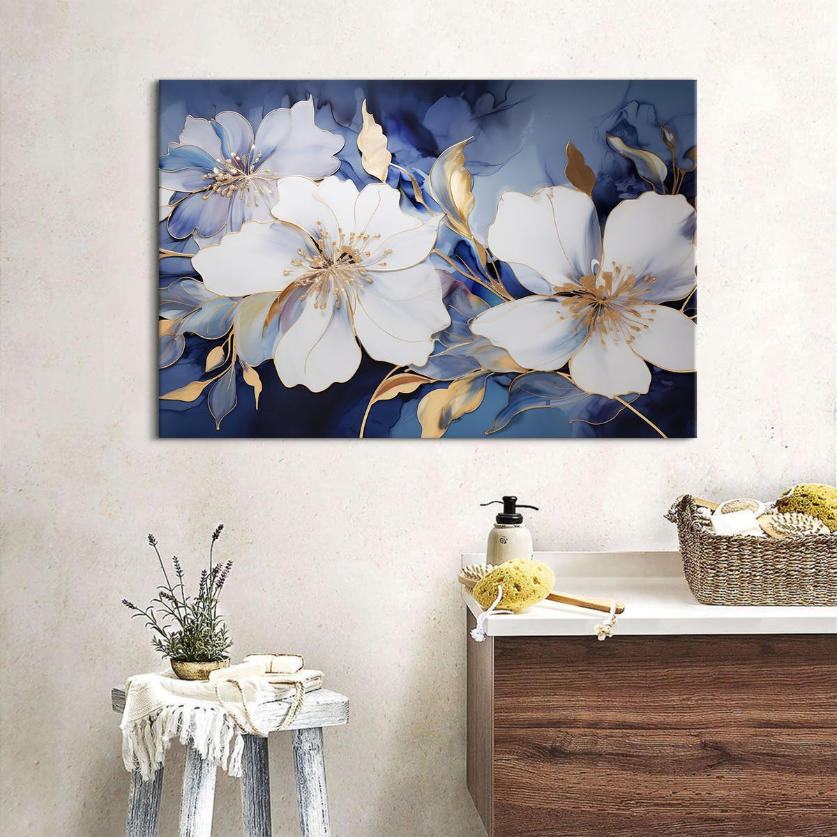 Abstract Flower Canvas Wall Art Blue and Gold Wall Decor Modern Marble Floral Picture Canvas Prints for Living Room Bedroom Watercolor Botanical Poster Painting Artwork Framed Home Decorations 16x24 (24"L x 16"W / Abstract Flower)