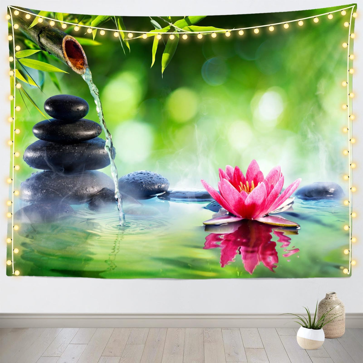 Zen Garden Tapestry 106''x70'' Green Bamboo Zen Stones Spa Water Lotus Flower Wall Hanging Tapestry Relaxation Bamboos Candles for Home Bedroom Living Room Dorm Decor (106"L x 70"W / T1-A18416)