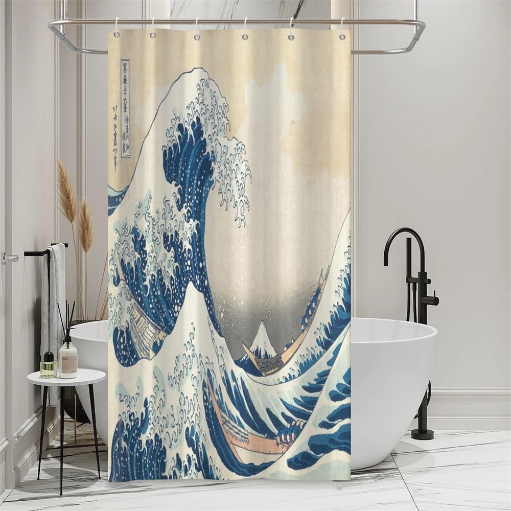 Traditional Japanese Painting Shower Curtain Japanese Sea Waves Bathroom Curtain Abstract Ocean Wave Wooden Boat Shower Curtains Washable Waterproof Fabric Bathroom Decoration 48x72 Inch (48"W x 72"L (Pack of 1) / Blue-48)
