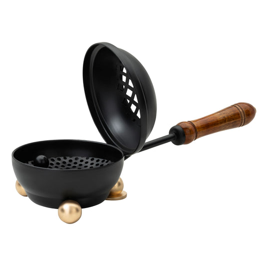Premium Handmade Black Iron Incense Burner with Wooden Handle and Lid (Black - Medium)