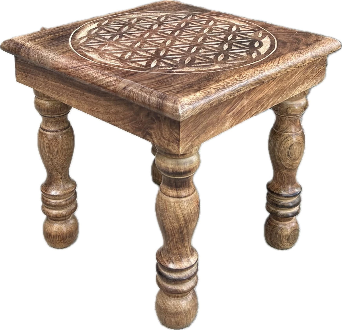 Solid Mango Wood Hand Carved Puja Shrine Altar Meditation Table (12 X 12 X 12 Inches / Flower of Life)