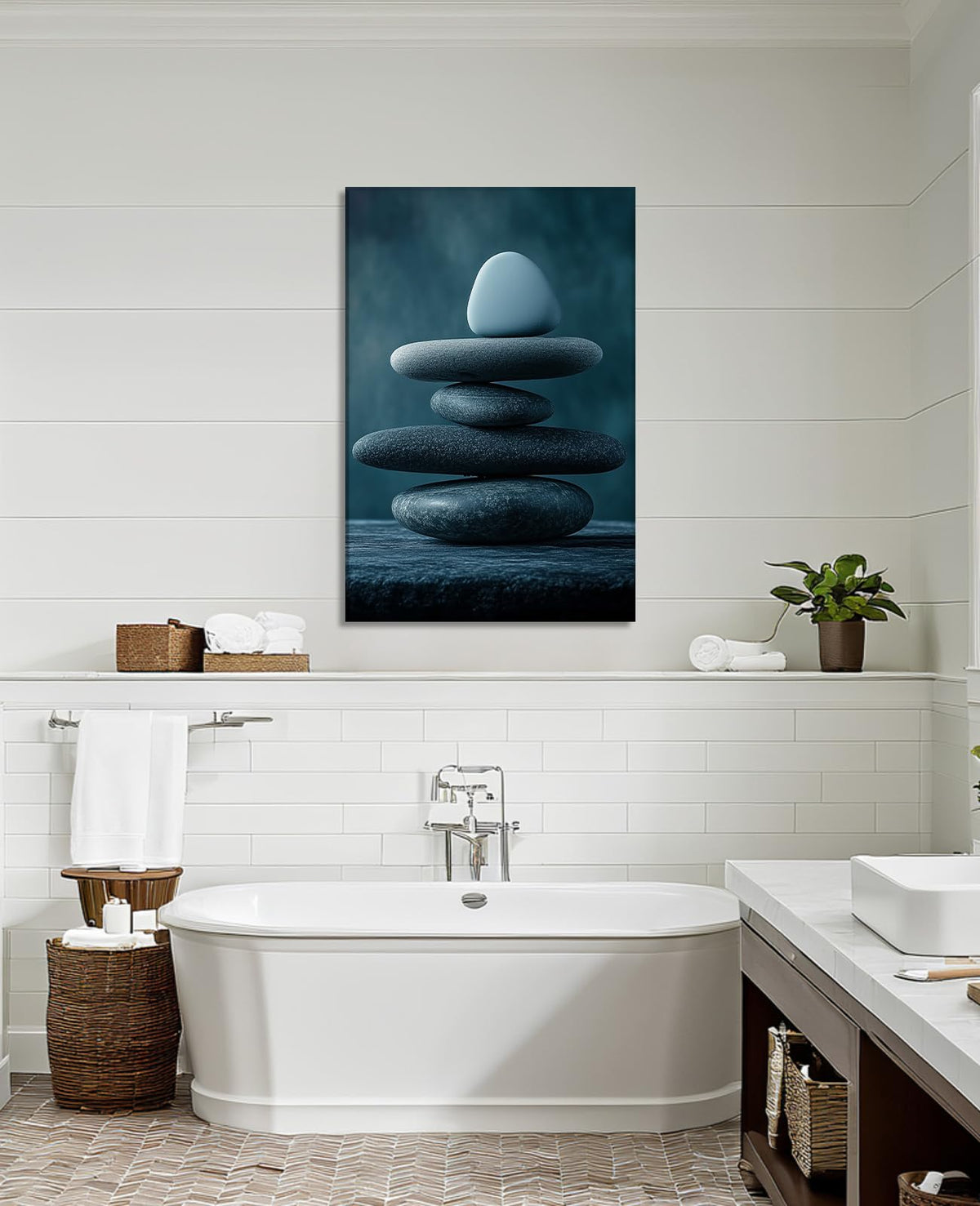 Zen Wall Art Balanced Rock Picture Spa Stone Painting Meditation Canvas Prints Spiritual Room Bathroom Living Room Office Wall Decor Framed (30"L x 20"W / L - Spa Stones)