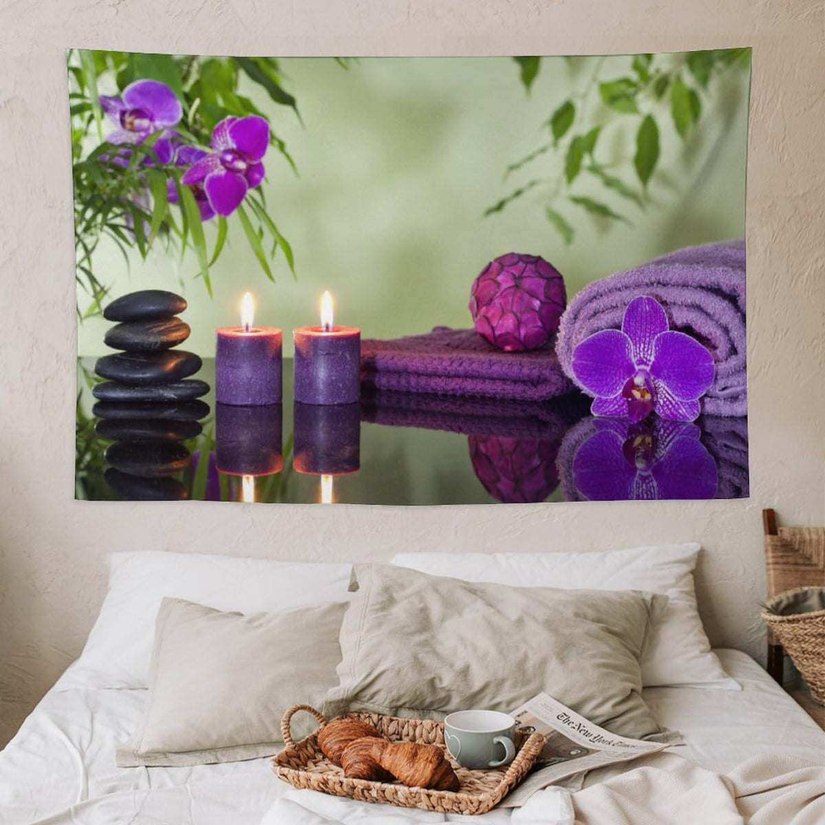 Spa Zen Tapestry Wall Hanging Asian Stones Purple Candles Orchids Bloom Aromatic Tapestries Home Decor for Living Room Bedroom Farmhouse Kitchen Dorm 40"x60" (40"L x 60"W / Zen-5)