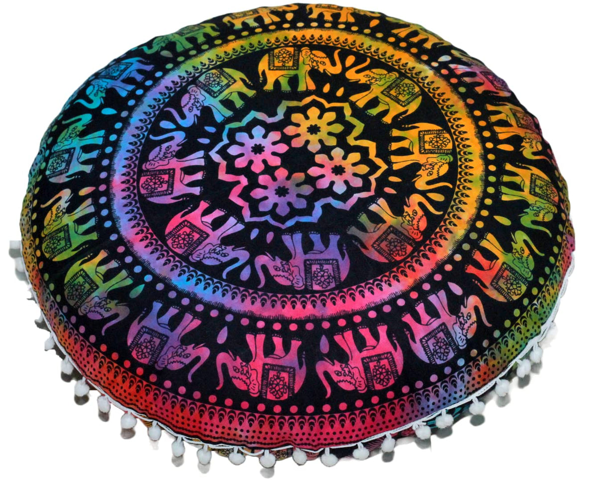22" Round Mandala Boho Pillow Cover Meditation Room Seating Poufs Cover for Living Room Yoga Room Home Bedroom Balcony Garden Party Decoration Cotton Floor Cushion Cover (22" / Multi U.p Elephant)