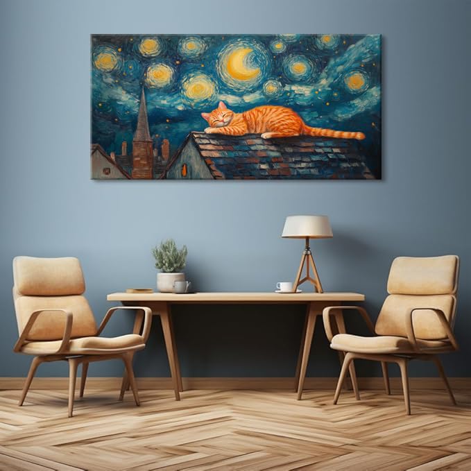 Navy Blue Starry Night Orange Cat Wall Art for Living Room Canvas Painting Prints Abstract Sleep Dream Sky Picture Vintage Artwork Office Bedroom Kids Room Decor Extra Large (58L" x 28W" / Multi Colors Wall Art(k829))