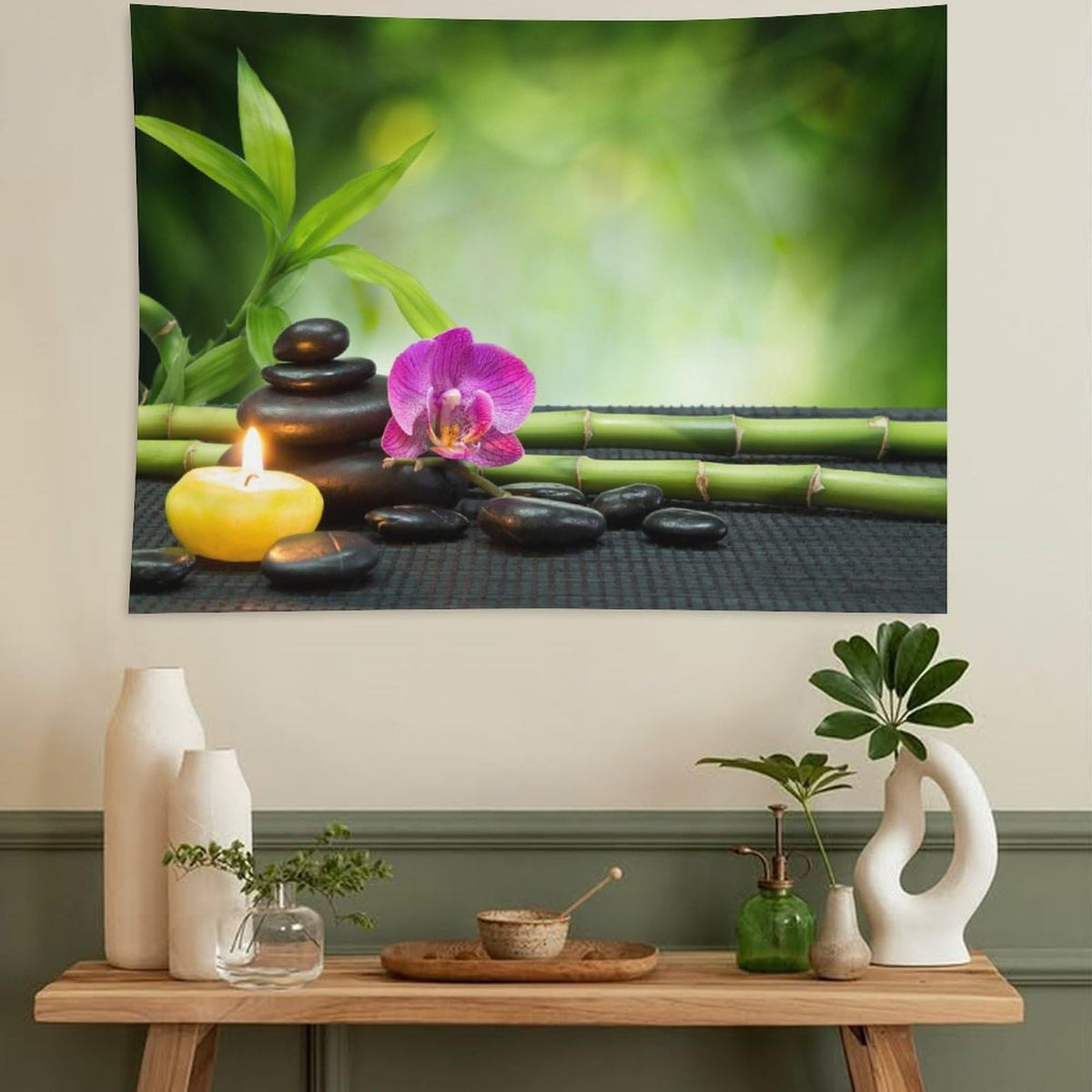 Bamboo Zen Spa Tapestry Wall Hanging Scented Candle Green Spiritual Meditation Tapestries Home Decor for Living Room Bedroom Farmhouse Apartment Dorm 60"x90" (60"L x 90"W / Zen-16)