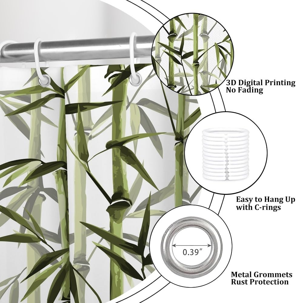 Green Bamboo Shower Curtain Bamboo 3D Printed Outdoor Bathroom Curtain Japanese Asian Zen Spa Spring Botanical Waterproof Fabric Machine Washable for Bathroom Decor Bathtub with Hooks 60x72 Inch (60"W x 72"L (Pack of 1) / Green-54)