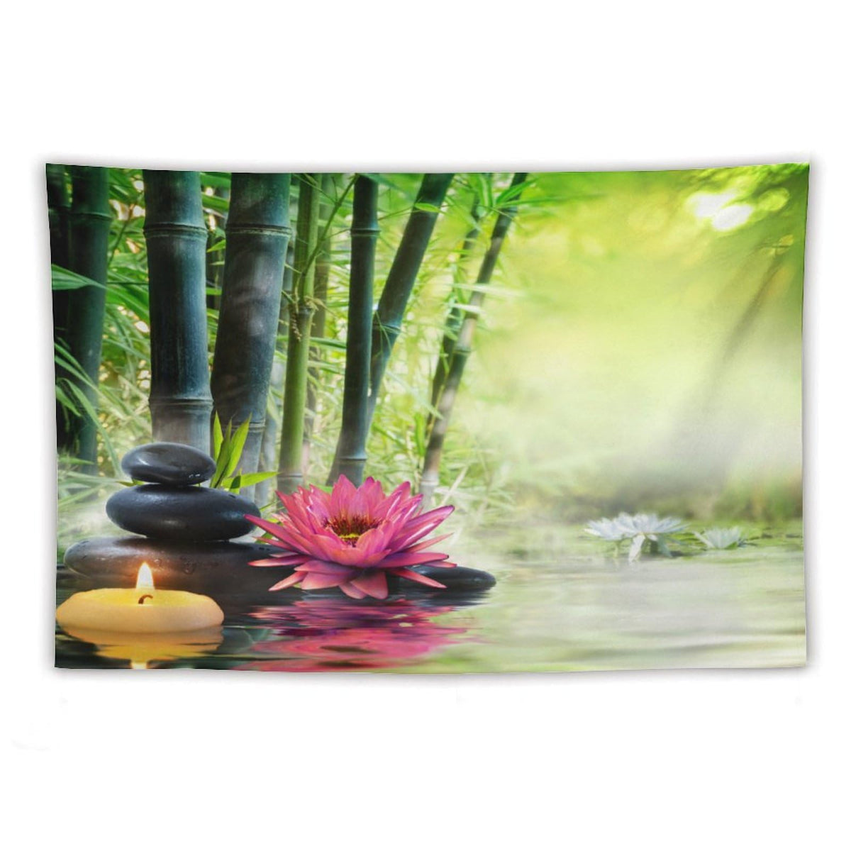 Japanese Garden View Tapestry Wall Hanging Spa Water Lotus Flower Zen Stone Relaxation Bamboos Candles Tapestries Home Decor for Living Room Bedroom Farmhouse Apartment Dorm 60"x90" (60"L x 90"W / Zen-17)