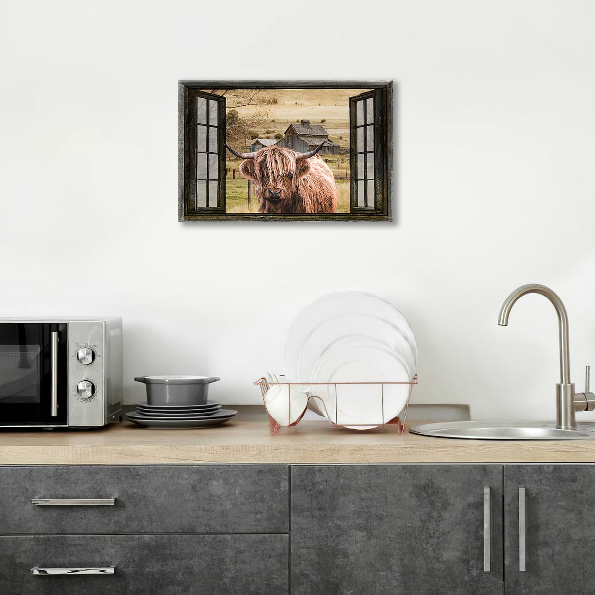 Highland Cow Wall Art Rustic Window Highland Cow Pictures Wall Decor Farmhouse Country Barn Canvas Prints Decorations Painting Artwork Office Home Decor For Bathroom Bedroom Dining Room 16L" X 24W" (Highland Cow / 16"L x 24"W)