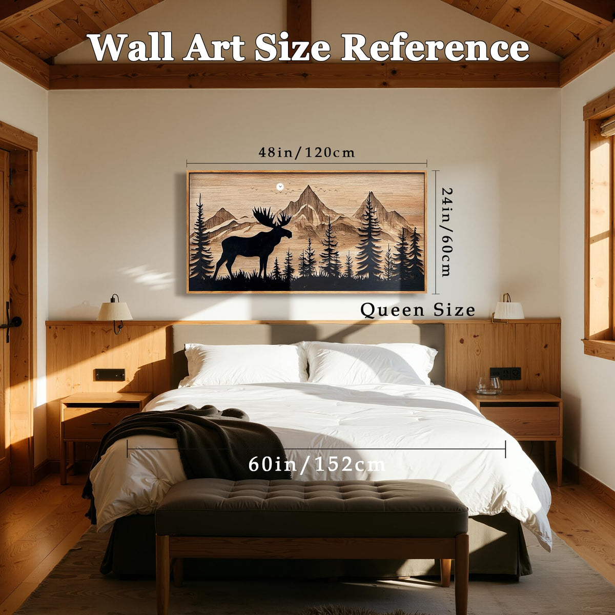 Deer Forest Cabin Wall Decor Large Framed Wall Art Neutral Print (Deer Mountain / 48"L x 24"W)