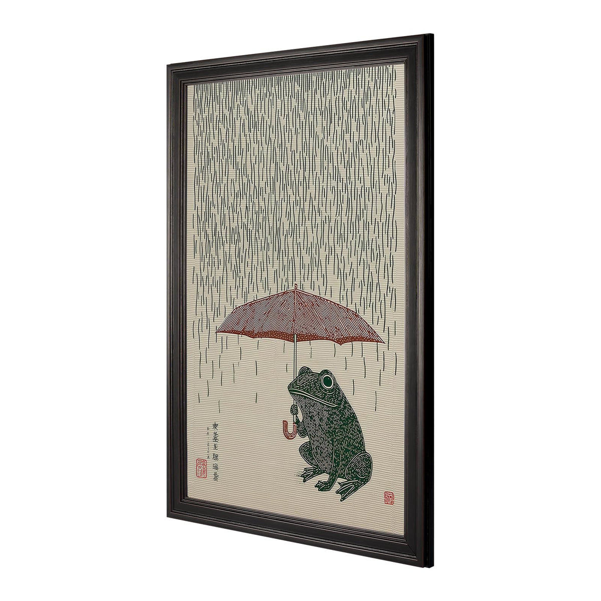 Frog With Red Umbrella In Rain Canvas Wall Art Vintage Japanese Ukiyo (Black 01 / 24"L x 36"W)