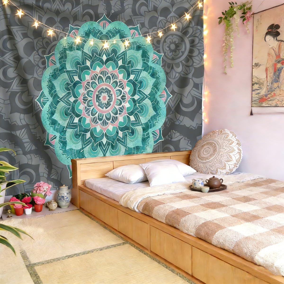 Popular Handicrafts Flower Mandala Tapestry Wall Hanging Psychedelic Aesthetic Blue Grey Indian Hippie Wall Decor Bohemian Wall Art Home Decoration for Bedroom Living Room Dorm (Blue / 59"L x 39"W)