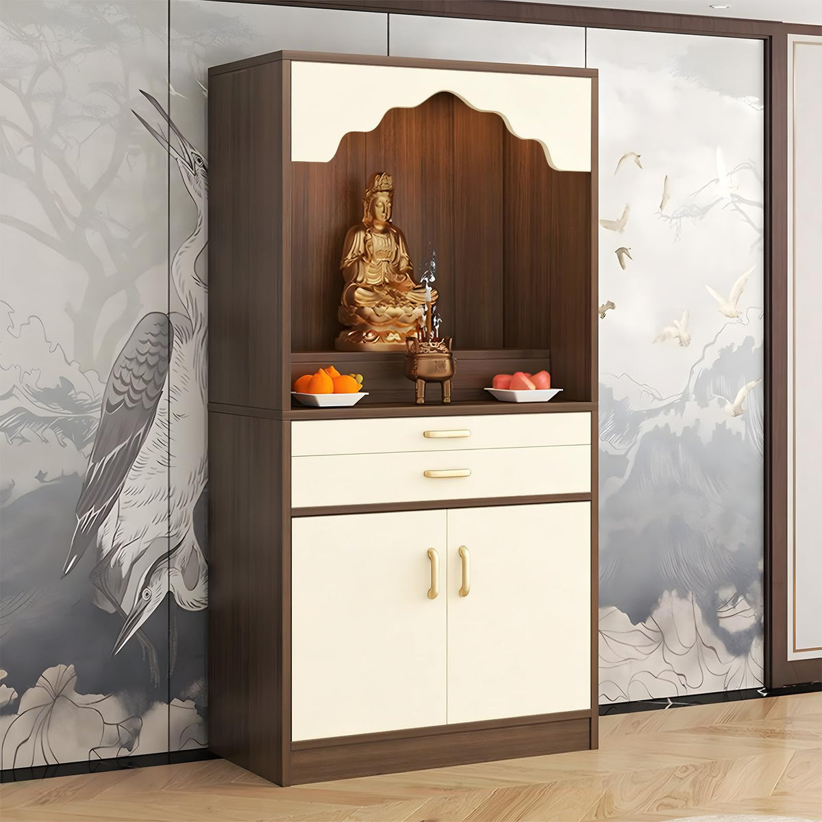 Altar Table Wood Meditation Prayer Table (Beige + Dark Brown Wood / 27.6" x 15.7" x 63.8")