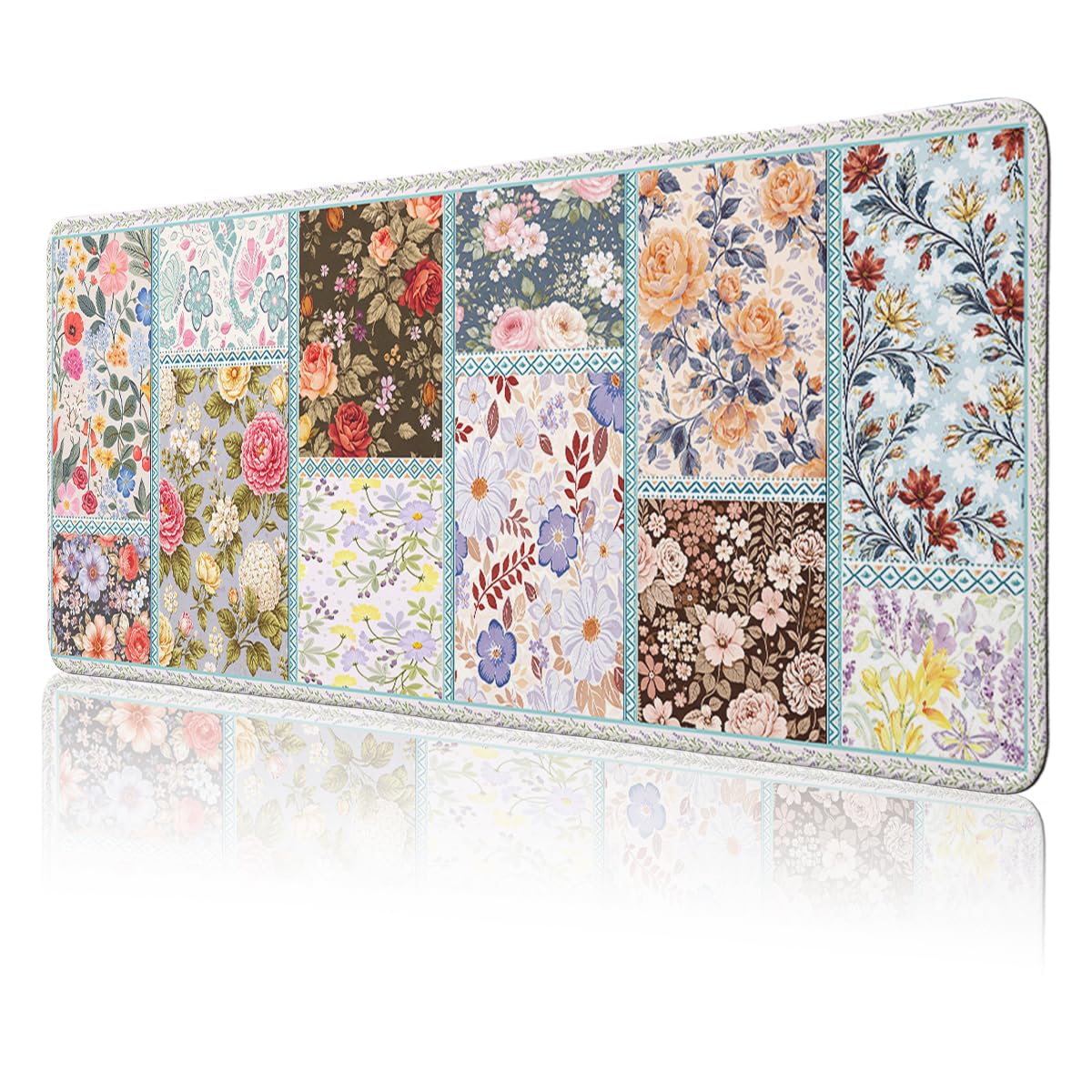 Cottagecore Floral Large Gaming Mouse Pad Patchwork Vintage Flowers Desk Mat (Cottagecore Floral / 31.5L x 11.5W inches)