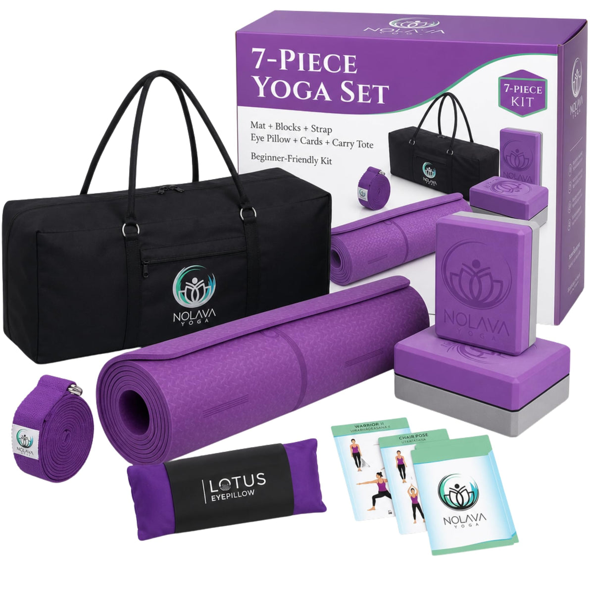 NOLAVA 7 Piece Yoga Mat Set (Purple (7-Piece Set) / 7-Piece Set)