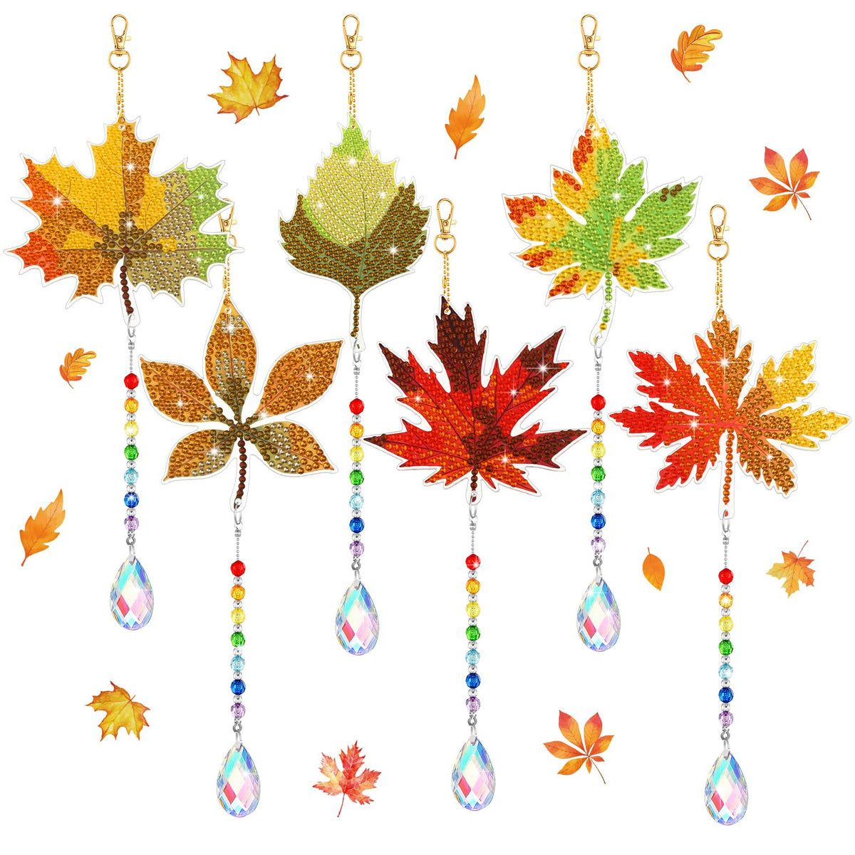 6 Pcs Fall Diamond Art Keychain Kits for Adults Diamond Painting Wind Chime (Maple Leaves)