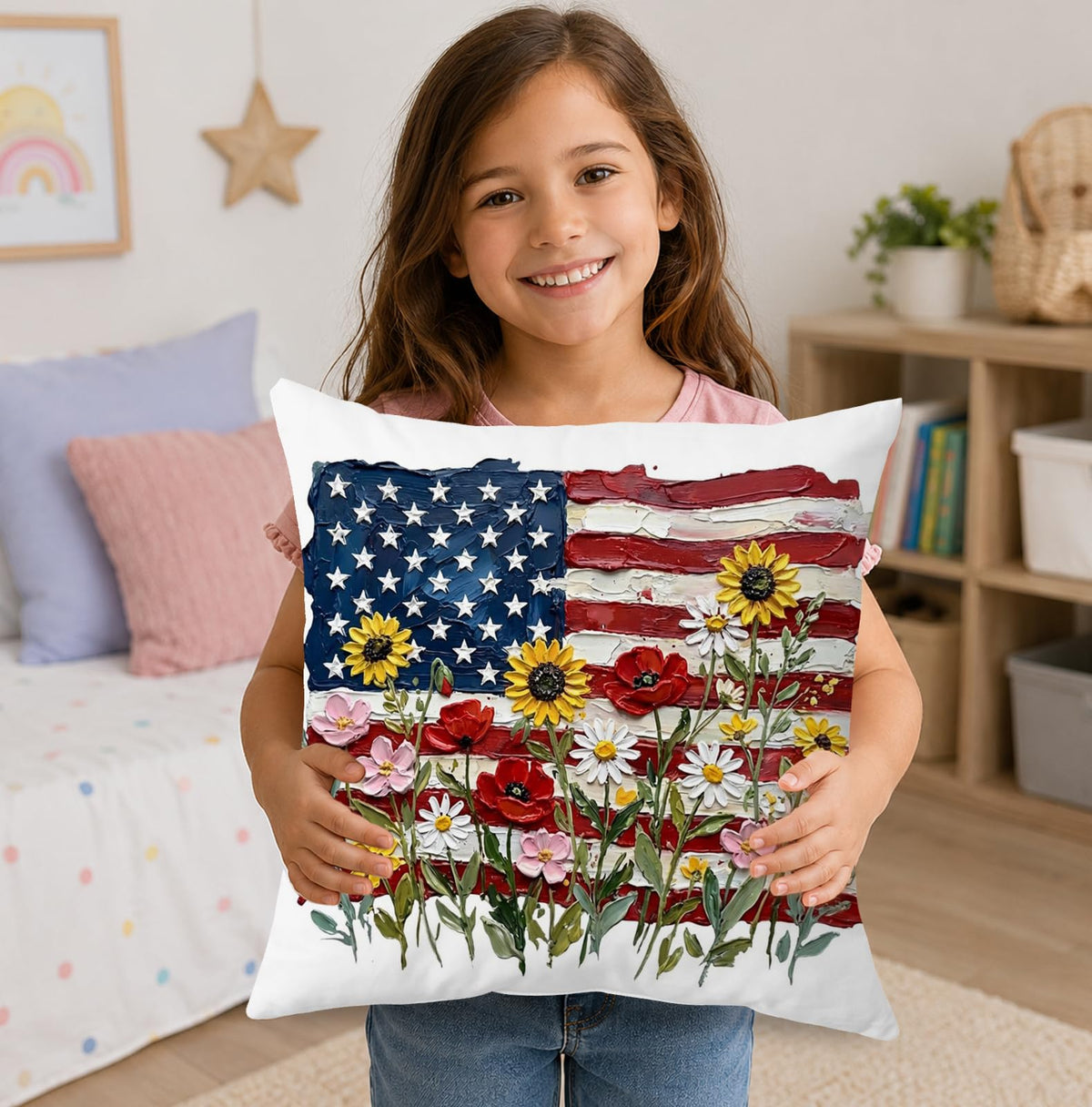 Floral USA Flag Patriotic Throw Pillow Cover 18x18 (Qt-bz-mental Health-floral Flag)