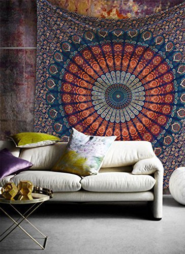 Tapestry Wall Hanging Hippie Mandala Bohemian Hippy Psychedelic Design Indian Peacock Meditation Gypsy Tapestries Bedspread 54 x 60 Inches (60"L x 54"W / Multicolor)
