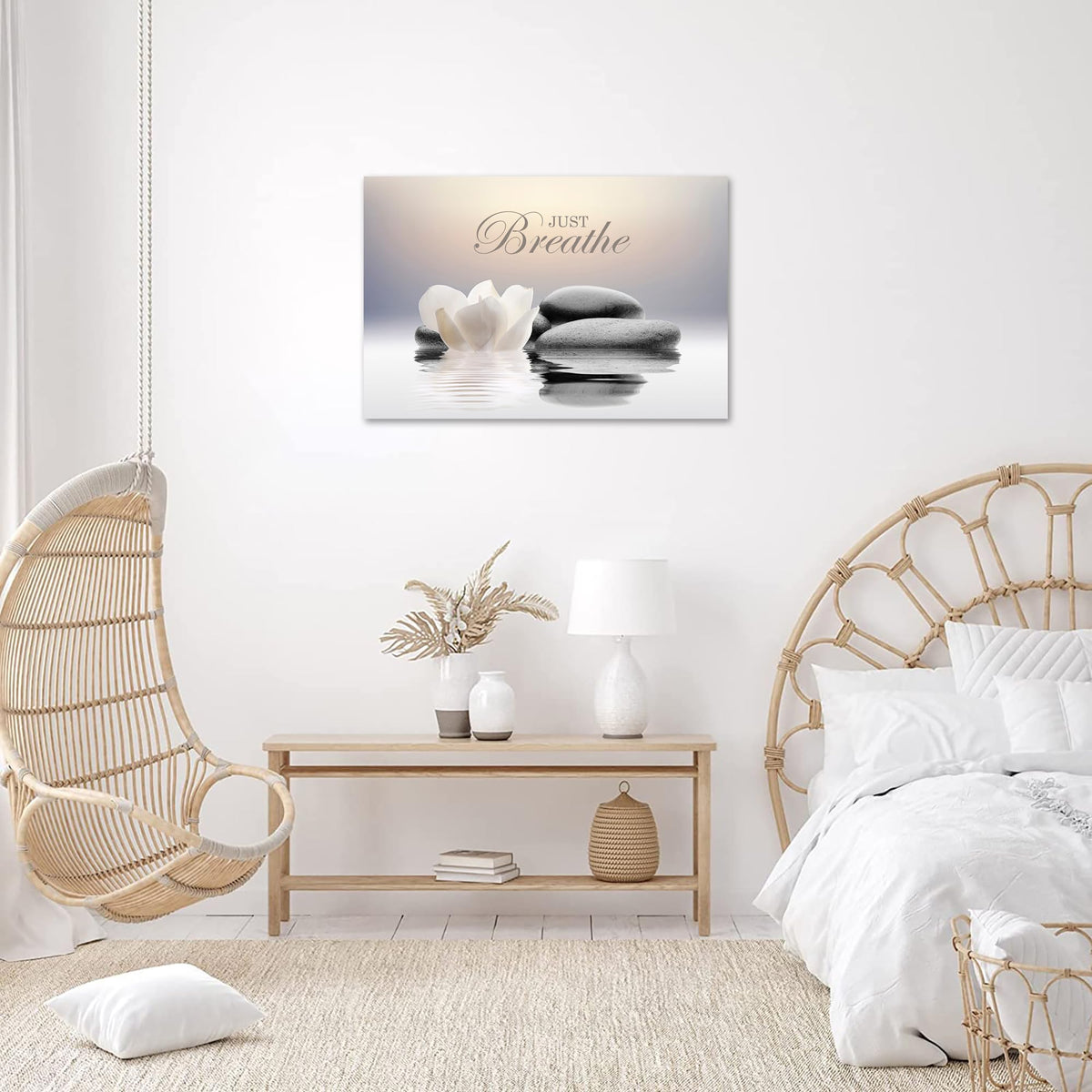 Zen Stone Canvas Wall Art Just Breathe Yoga Quotes Poster for Spa Decor White Lotus Flower Pictures Prints for Bathroom Modern Spiritual Artwork Framed (16"L x 24"W / mindset lotus 02)