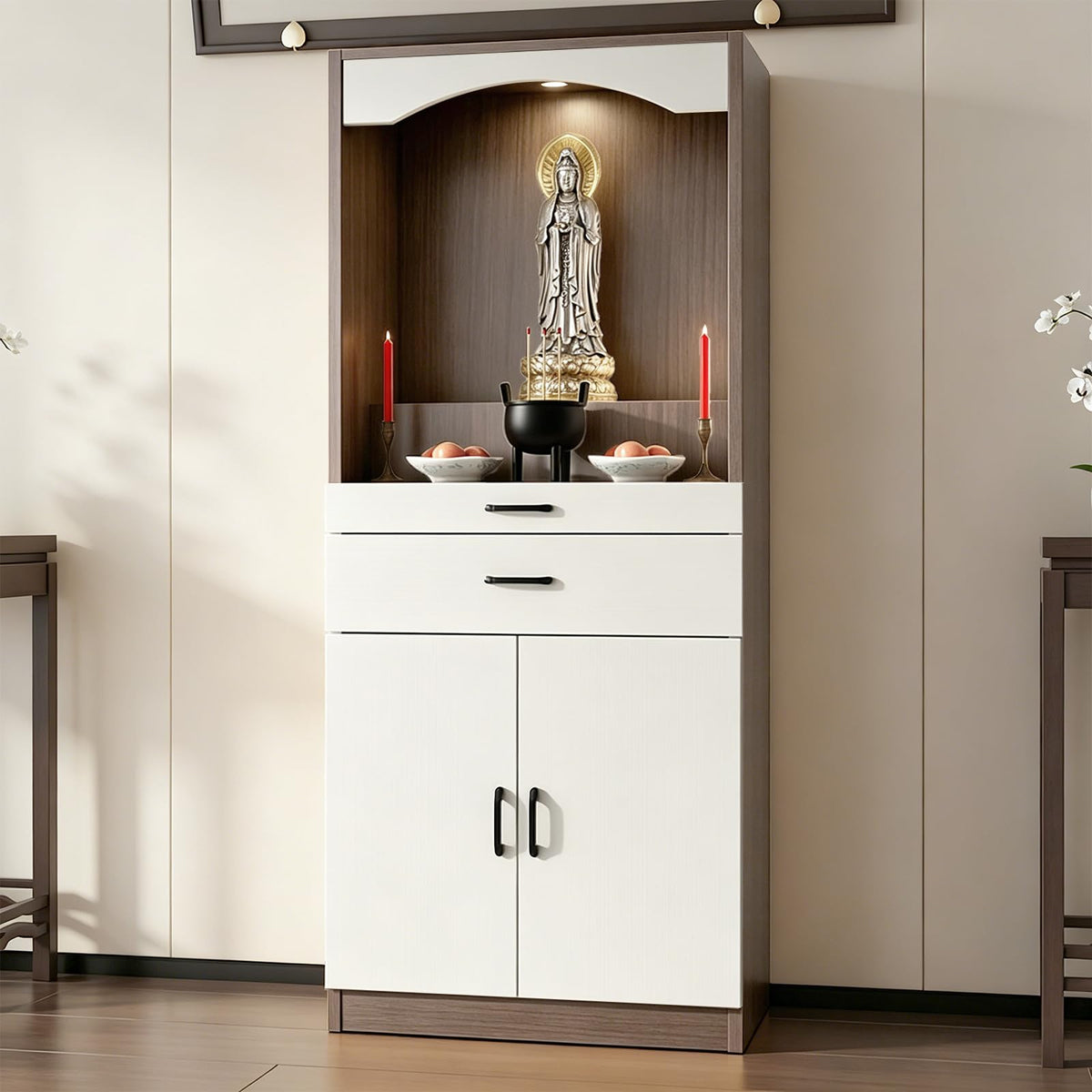 Solid Wood Altar Table (White + Light Brown Wood / 31.5" x 15.7" x 65.4")