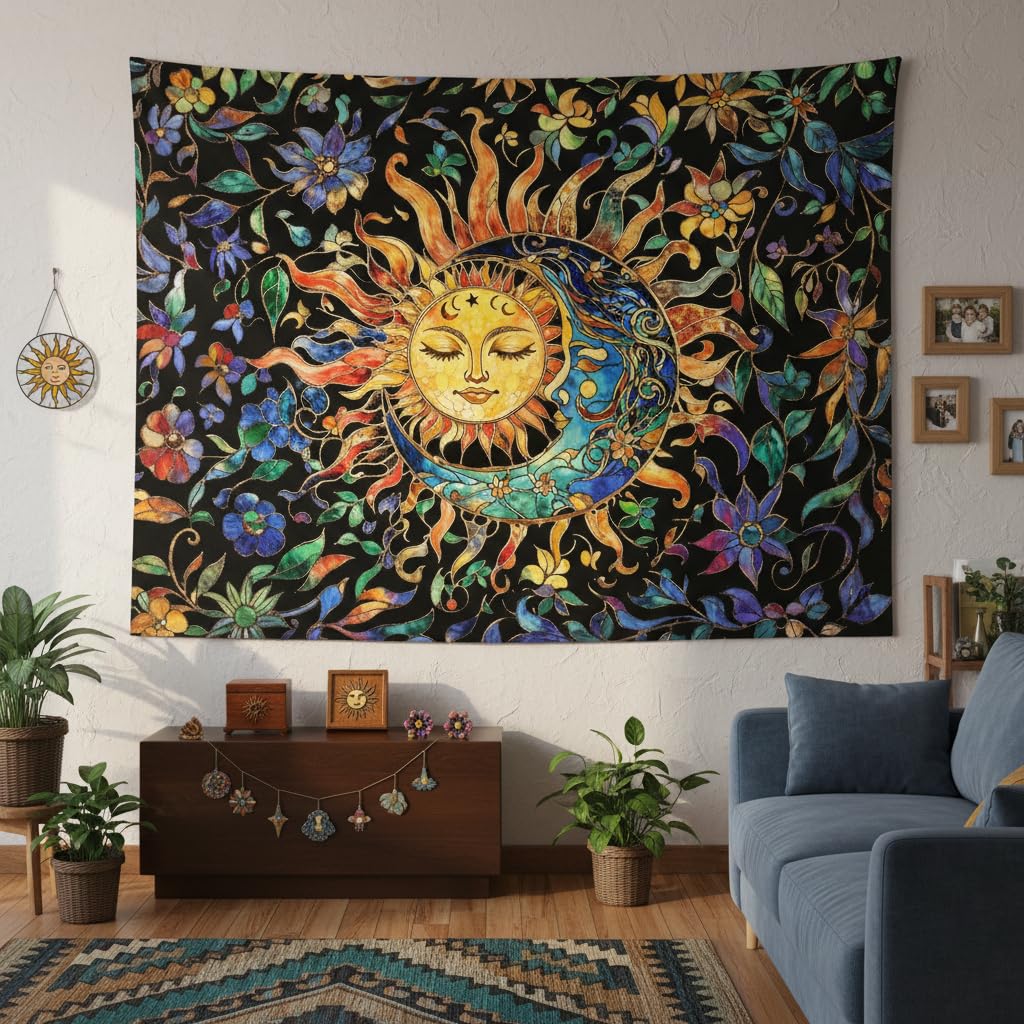 Sun and Moon Tapestry for Bedroom Boho Hippie Floral Wall Tapestry Aesthetic Vintage Stained Glass Plant Small Tapestries Wall Hanging for Living Room Dorm 48 x 36 Inch (Stained Glass Orange / 48"L x 36"W)