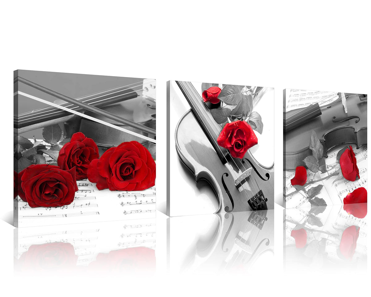 Canvas Print 3 Pcs Black and White Red Rose Canvas Art Painting Abstract Wall Art Decorations Flower Picture on Canvas for Home Decor Stretched and Framed (20 x 20 inches (3-Piece Set) / Violin and Rose)