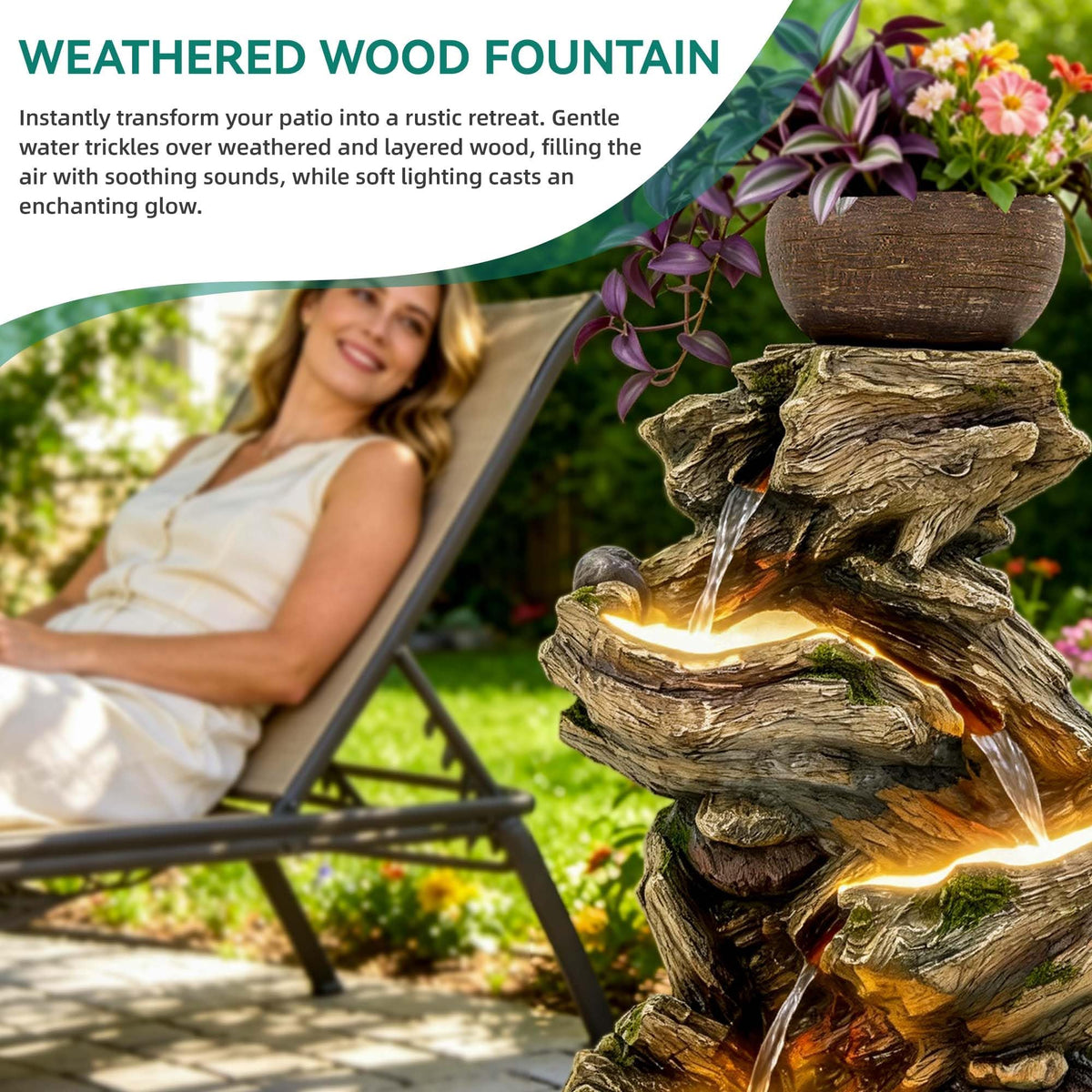 33" Outdoor Fountain Tree Trunk Waterfall Pump & Light Separate Control (33"h Natural Distressed Tree Trunk)