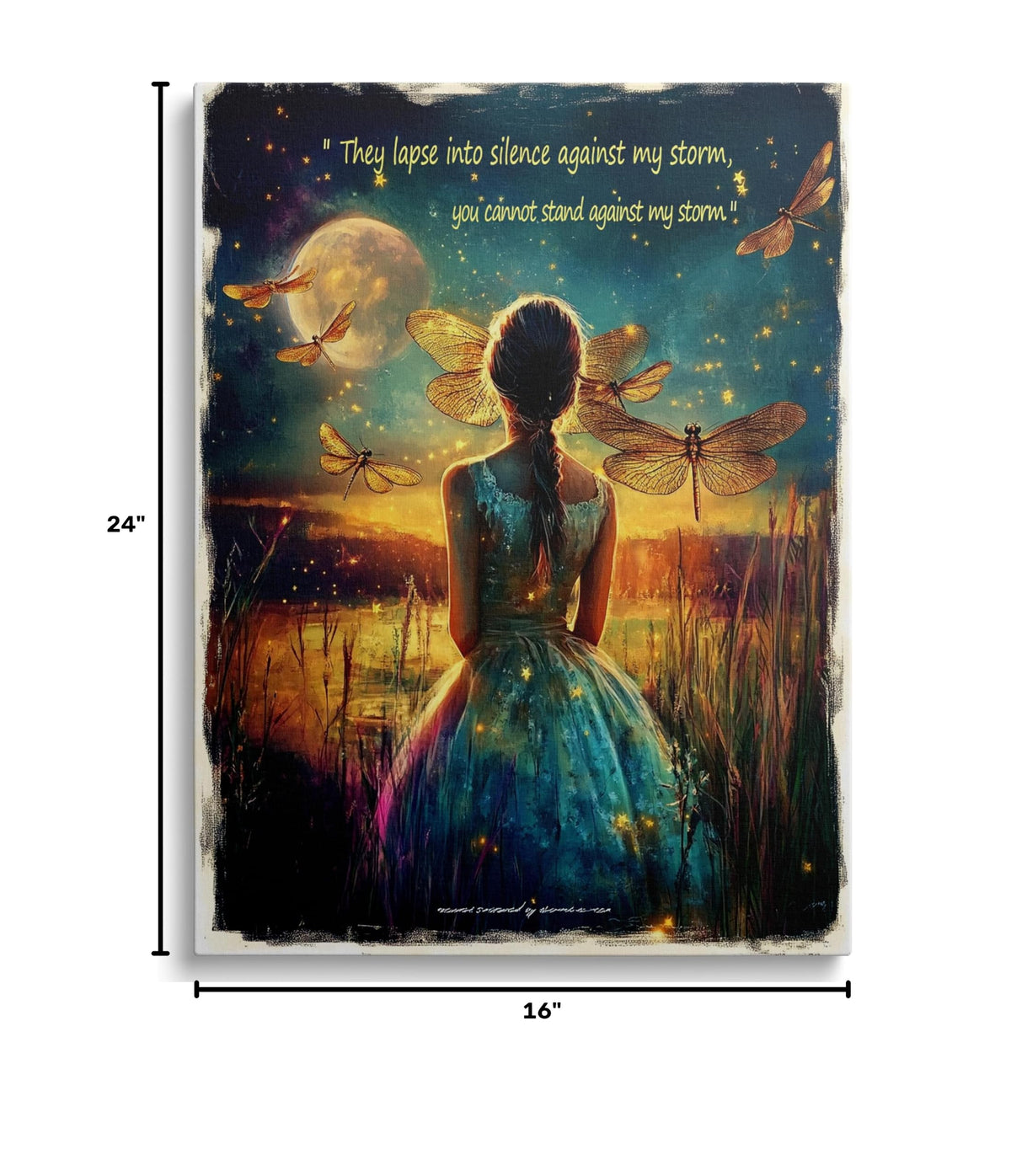 Framed Girl Moon Canvas Wall Art Dragonfly Inspirational Decor 16x24 Inches (Moon Girl / 24"L x 16"W)
