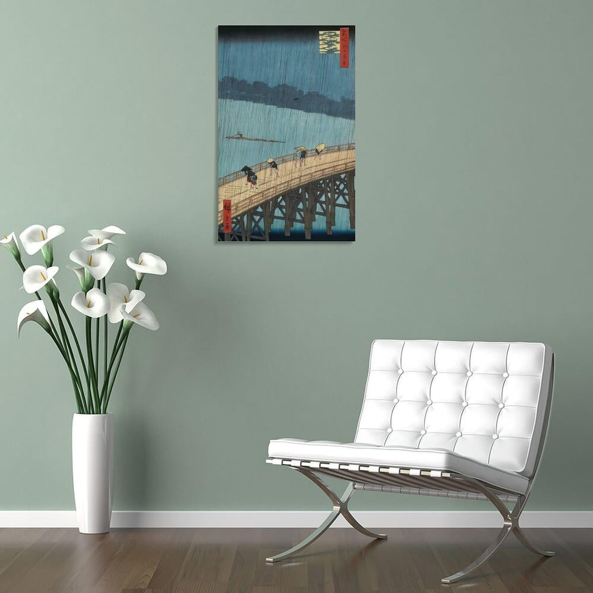 Hiroshige Ohashi Bridge In The Rain Canvas Printing Wall Art Ukiyoe Japanese Landscape Prints Vintage Blue River Bridge Scene Posters Wall Decor For Living Room Bedroom Office 08x12inch (style-9 / 08x12inch(20x30cm) Frame)