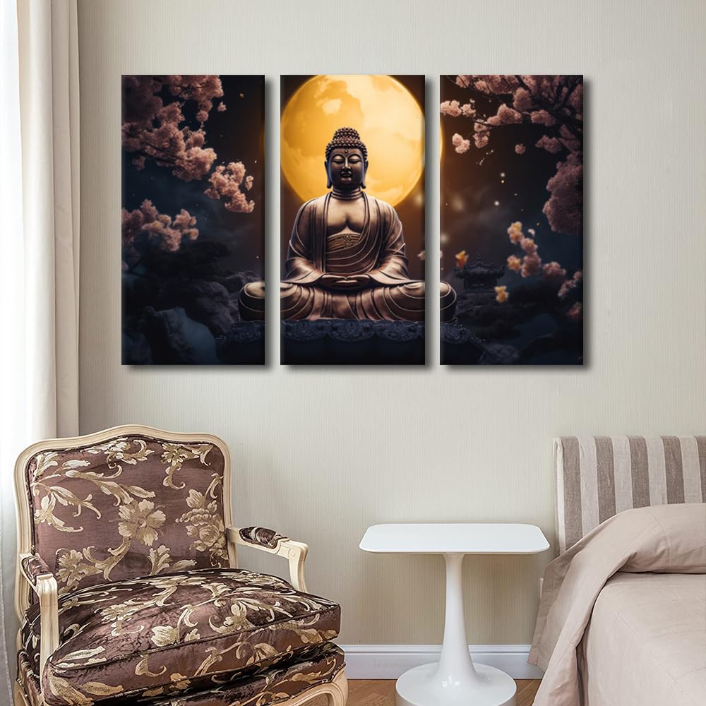 Buddha Canvas Wall Art Modern Living Room Decor 3 Panel Wall Art Moon Buddha Zen Trees Poster Prints on Canvas Zen Believers Home Wall Decoration Stretched and Framed Ready to Hang 36x24 in (36x24 in / 3PANEL-11)