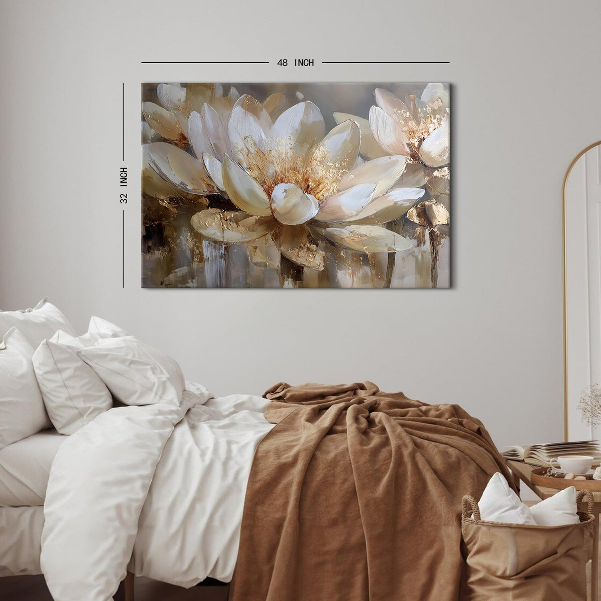 Zen Wall Art Abstract Lotus Wall Decor for Bedroom Spiritual Meditation Paintings Picture White and Gold Flowers Canvas Prints Minimalist Floral Artwork for Living Room Office Decorations 32x48" (48"L x 32"W / Lotus)