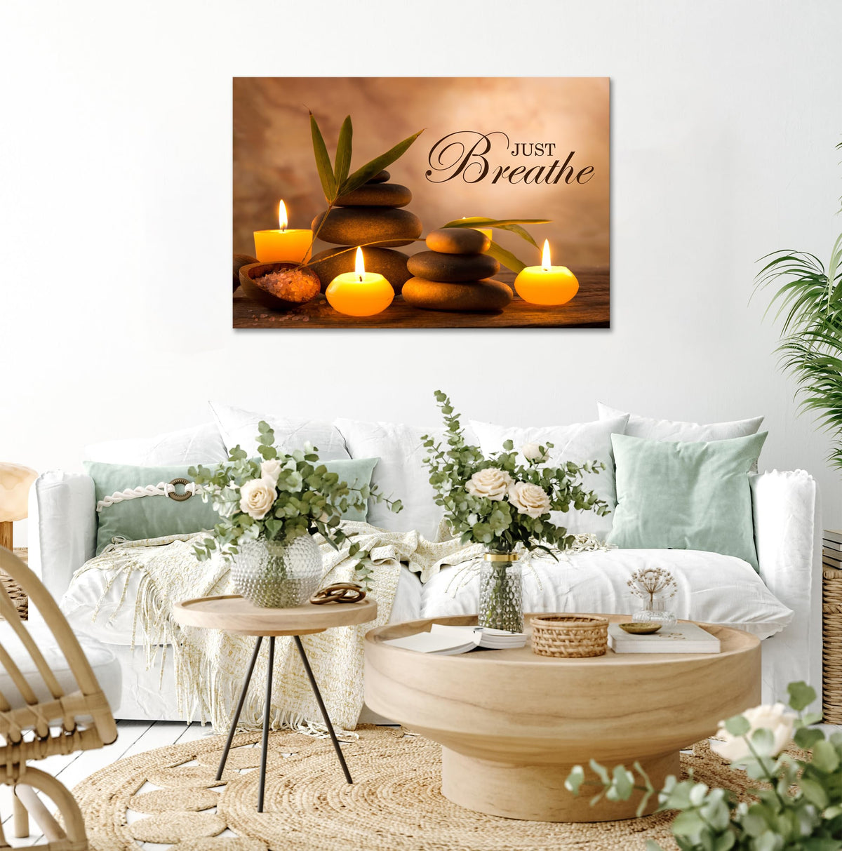 Zen Wall Decor Just Breathe Motivational Bathroom Wall Art Yoga Room Poster for Women Spa Picture Painting Spiritual Artwork Framed for Living Room Ready to Hang (28"L x 44"W / Zen 03)