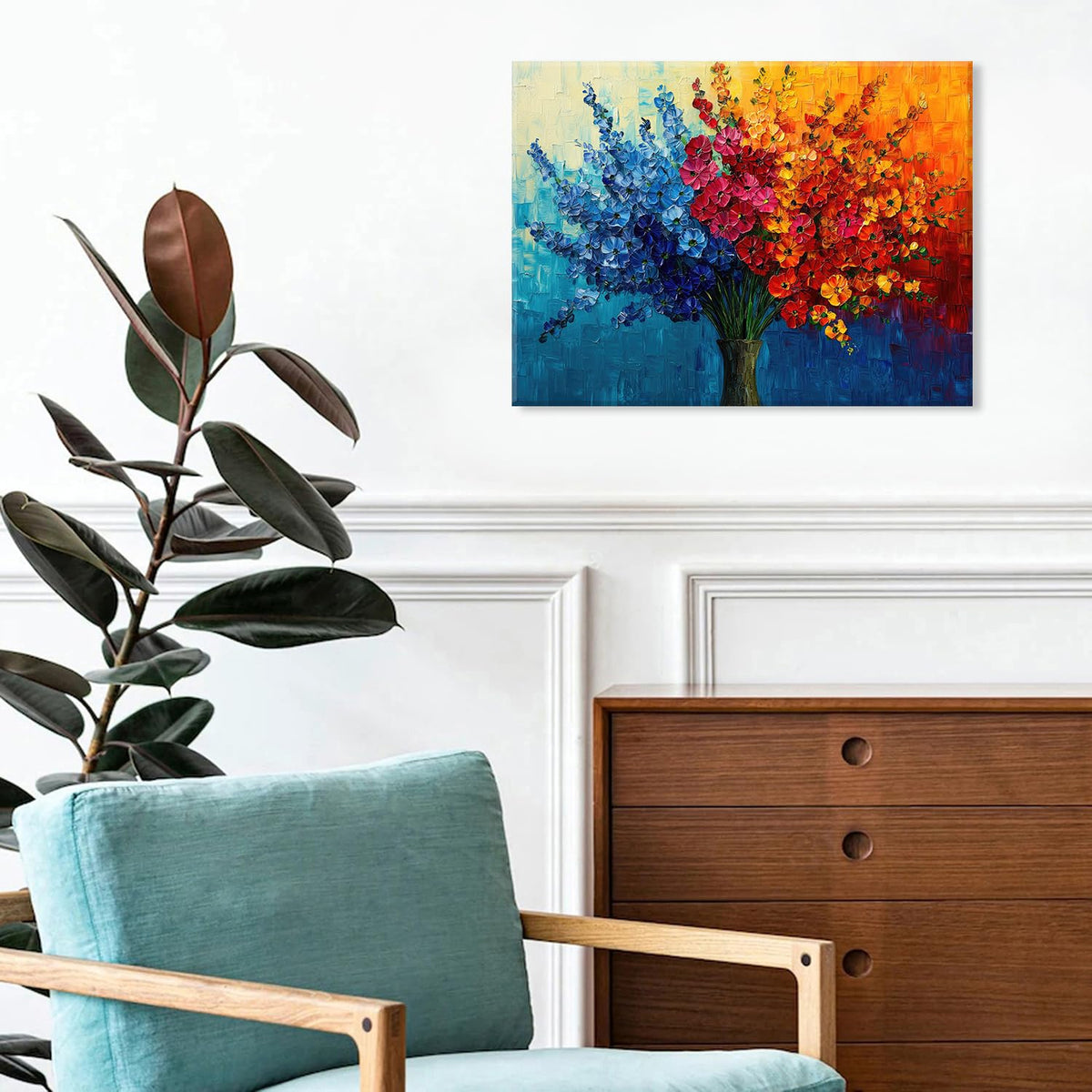 Colorful Flower Wall Art Teal Red Orange Wildflower Painting Abstract Texture Botanical Picture Canvas Prints for Living Room Floral Poster Modern Framed Artwork Bathroom Bedoom Home Decoration 12x16 (16"L x 12"W / Abstract Bouquet)