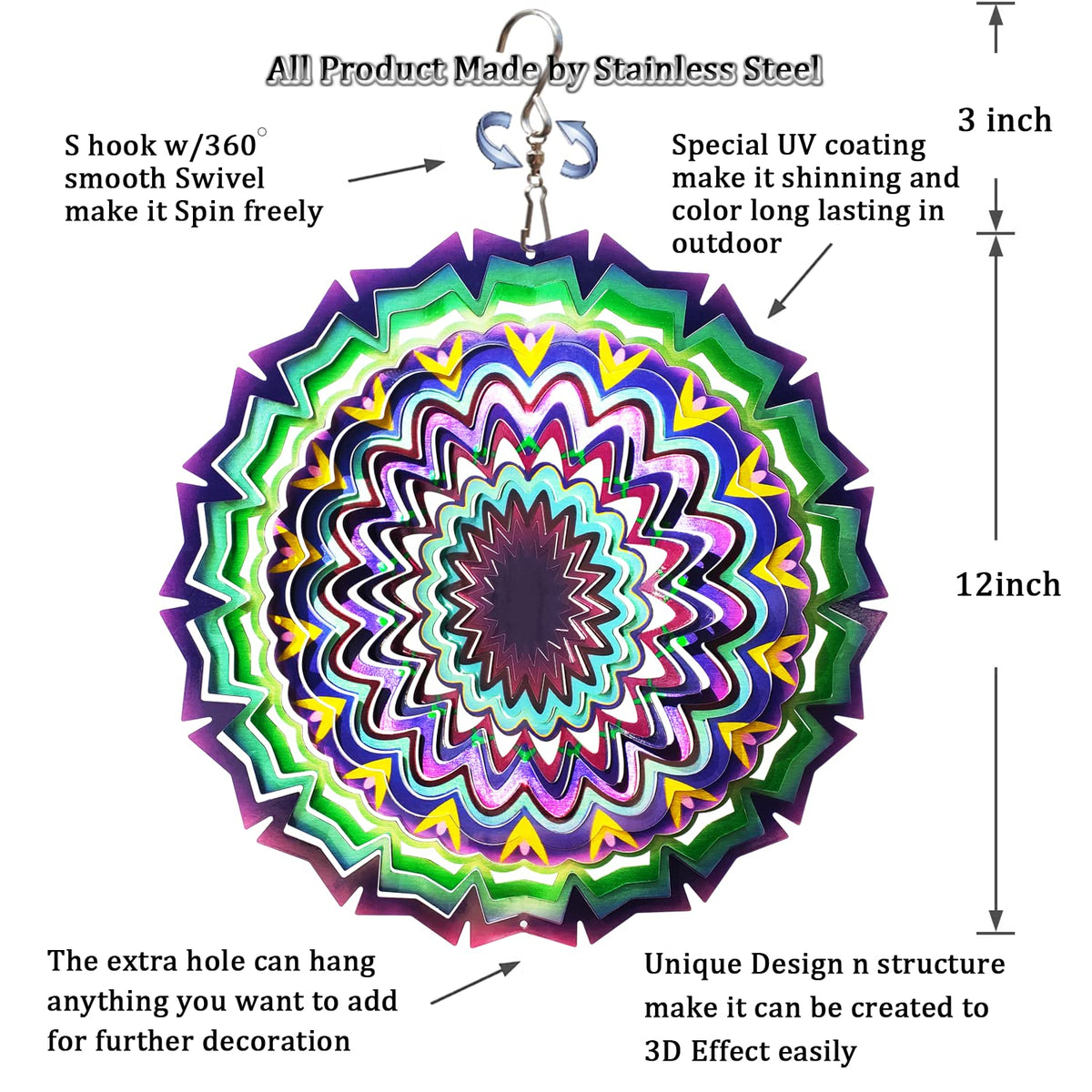 Wind Spinner Mandala Lucky Star Purple Color 12 inch 3D Stainless Steel Laser Cut Metal Art Geometric Pattern (12inch / Mdl09)
