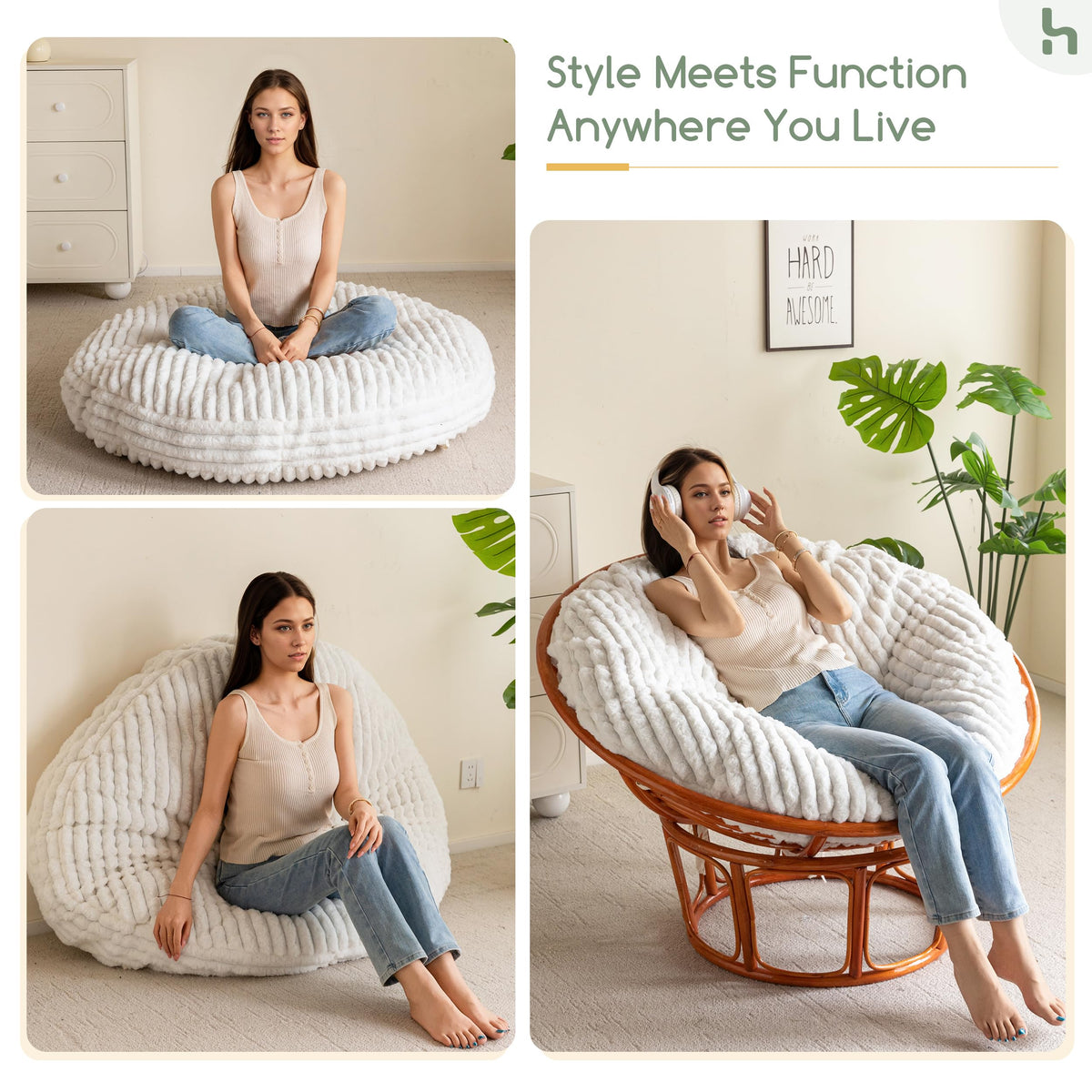 Papasan Chair Cushion with Thick Corduroy Cover (Beige / 48 x 48 Inches)