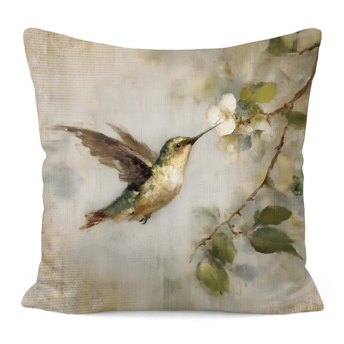 Vintage Floral Hummingbird Pillow Cover 18x18 (White-bird 6)