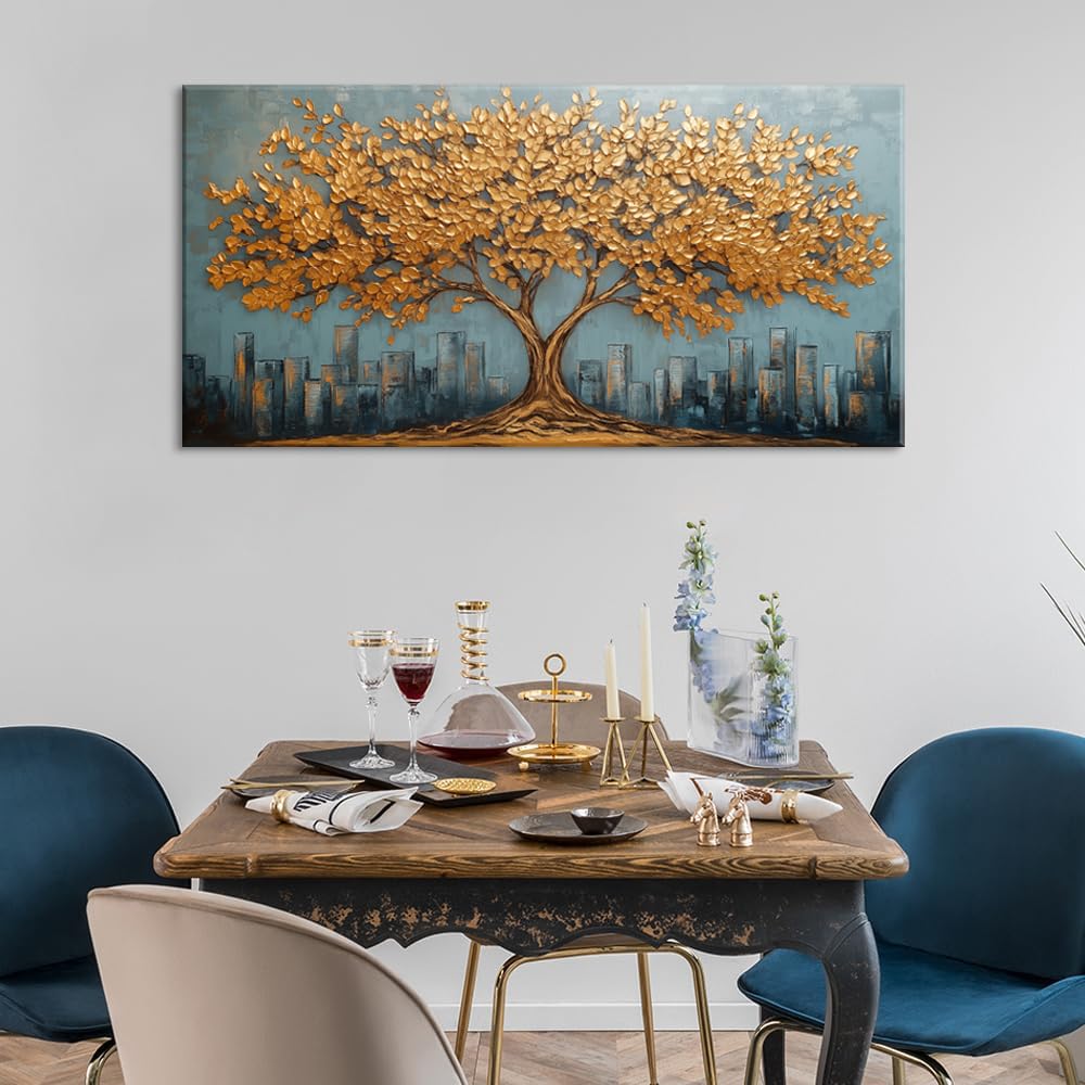 Gold Tree Wall Art for Living Room Office Modern Abstract Golden Urban Nature Minimalist Tree of Life Painting Prints Contemporary Canvas Artwork Dining Bedroom Decor Extra Large (Modern / Modern Golden Tree of Life Wall Art / 58L" x 28W")