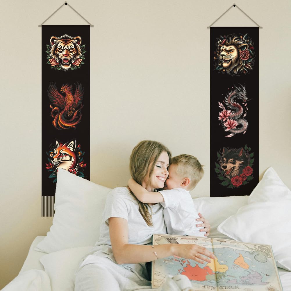 2Pcs Mythical Animals Long Vertical Tapestry (Black-tiger lion)