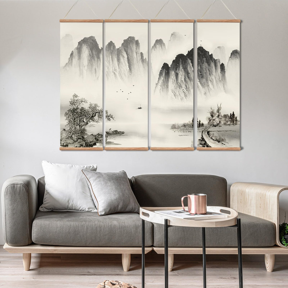 Chinese Ancient Landscape Scroll Wall Art (12”x36”x4piece / landscape-Oak)