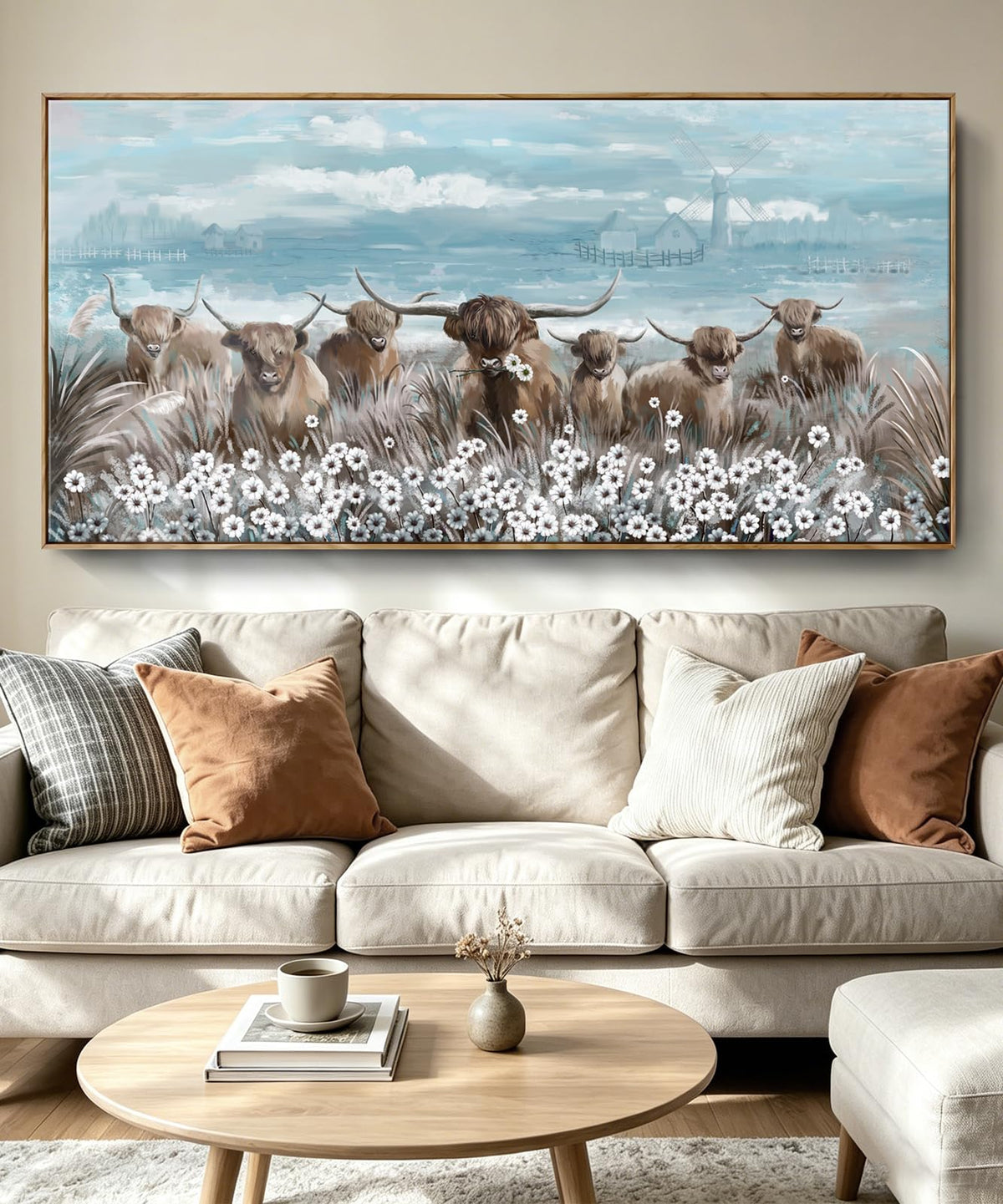 Extra Large Framed Wall Art for Living Room Big Boho Farmhouse Highland Cow Canvas Artwork Flower and Animal Picture Rustic Coastal Blue and Brown Decor for Office Bedroom Kitchen (Highland Cow Wall Art / 58"L x 29"W)