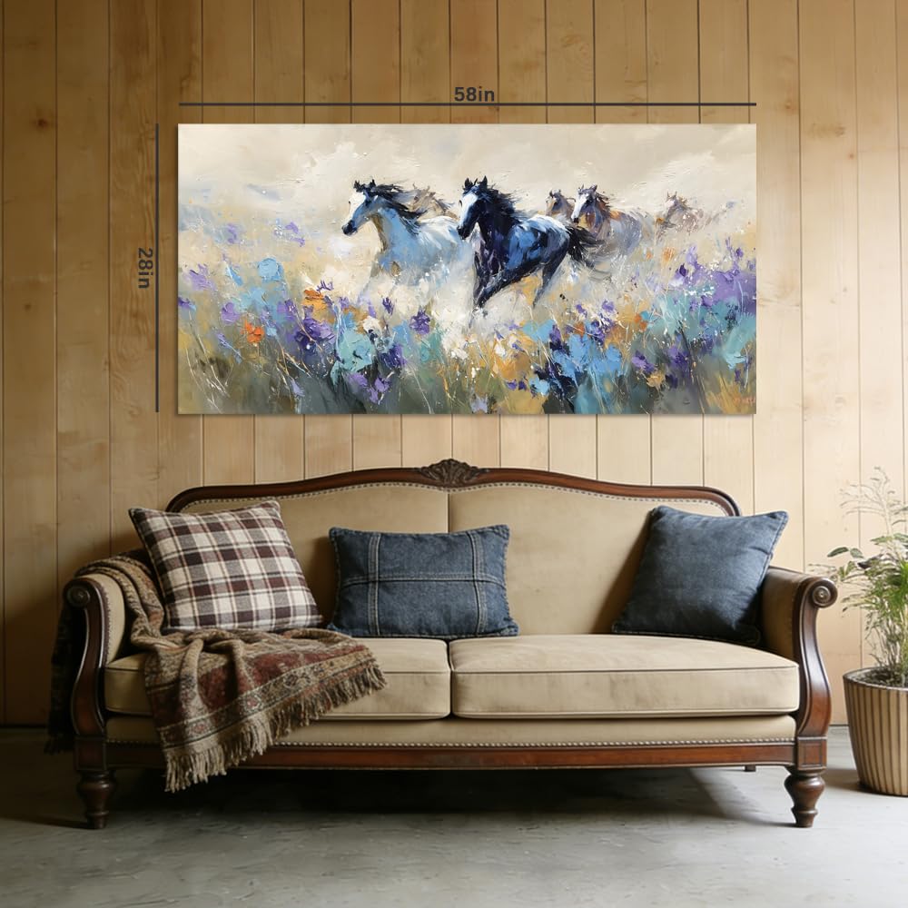 Running Horses Canvas Wall Art Wild Mustang Floral Field Painting Print Gallery Wrapped Rustic Animal Arrtwork for Living Room Bedroom Bathroom Decor (Abstract / White Wild Horses 1 / 58"L x 28"W)