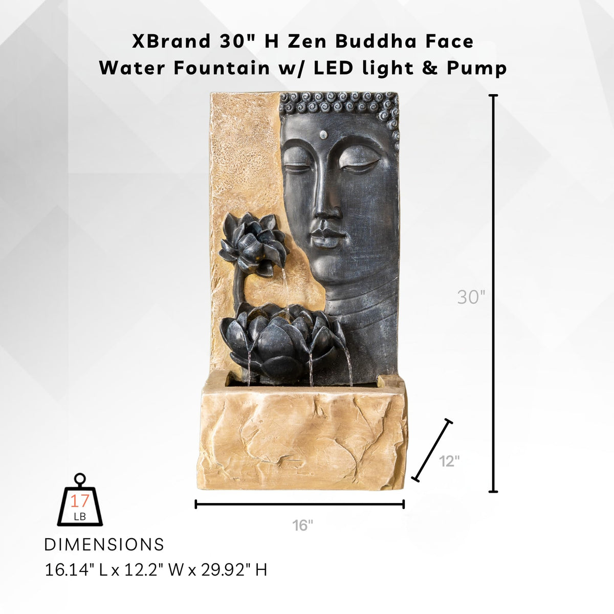 30" H Zen Buddha Face Water Fountain w (Gray and Brown)