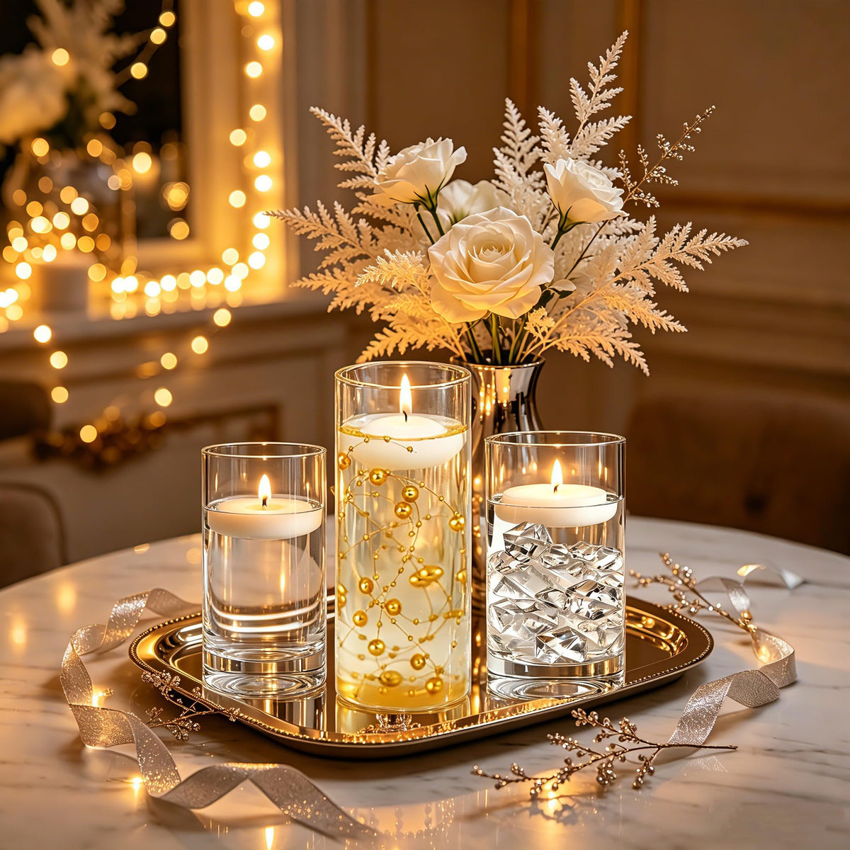 12 PCS Glass Vases for Centerpieces with 24 PCS Floating Candles for Centerpieces12 Pearl Strings and 400 Fake Ice Floating Candle Vases Glass Holder for Wedding Home Table Decorations (12 SET)
