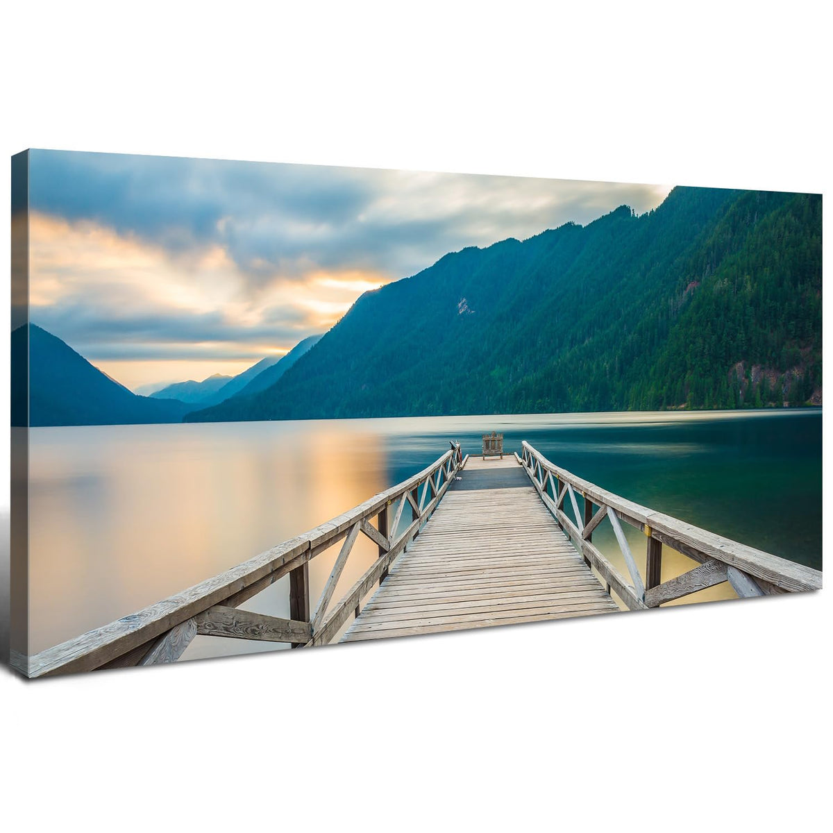 Olympic National Park Canvas Wall Art Crescent Lake Pictures Wood Dock Wall Decor Sunset Mountains Scenery Canvas Prints Photo Nature Artwork for Living Room Bedroom Office Home Decoration 24x48" (48"L x 24"W / Olympic)